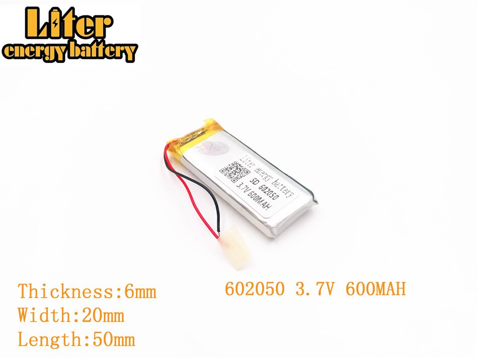 Liter energie batterij 3.7 V 600 mAh 602050 plug Lithium Polymer Oplaadbare Batterij Voor MP3 MP4 MP5 Lithium polymeer batterij: 3.7V 600mAh 602050