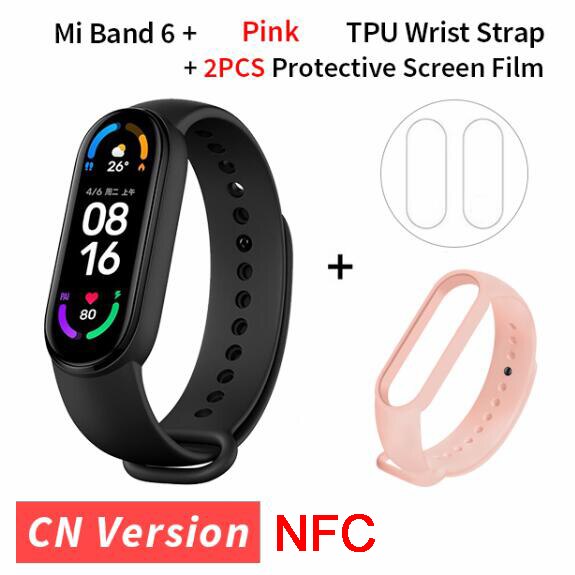 Xiaomi Mi Band 6 NFC inteligentna bransoletka 1.56 &quot;ekran AMOLED 5 kolorów tlen krwi tętno Fitness Tracker wodoodporny Miband6: pink strap film