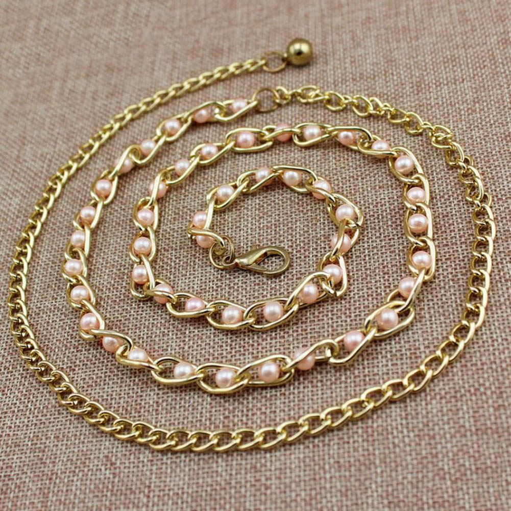 Women's Candy Color Pearl Beads Metal Thin Waist Belts Luxury Brand Harajuku Slim Chain Belt Dress Accessories Cinturon Mujer: Pink