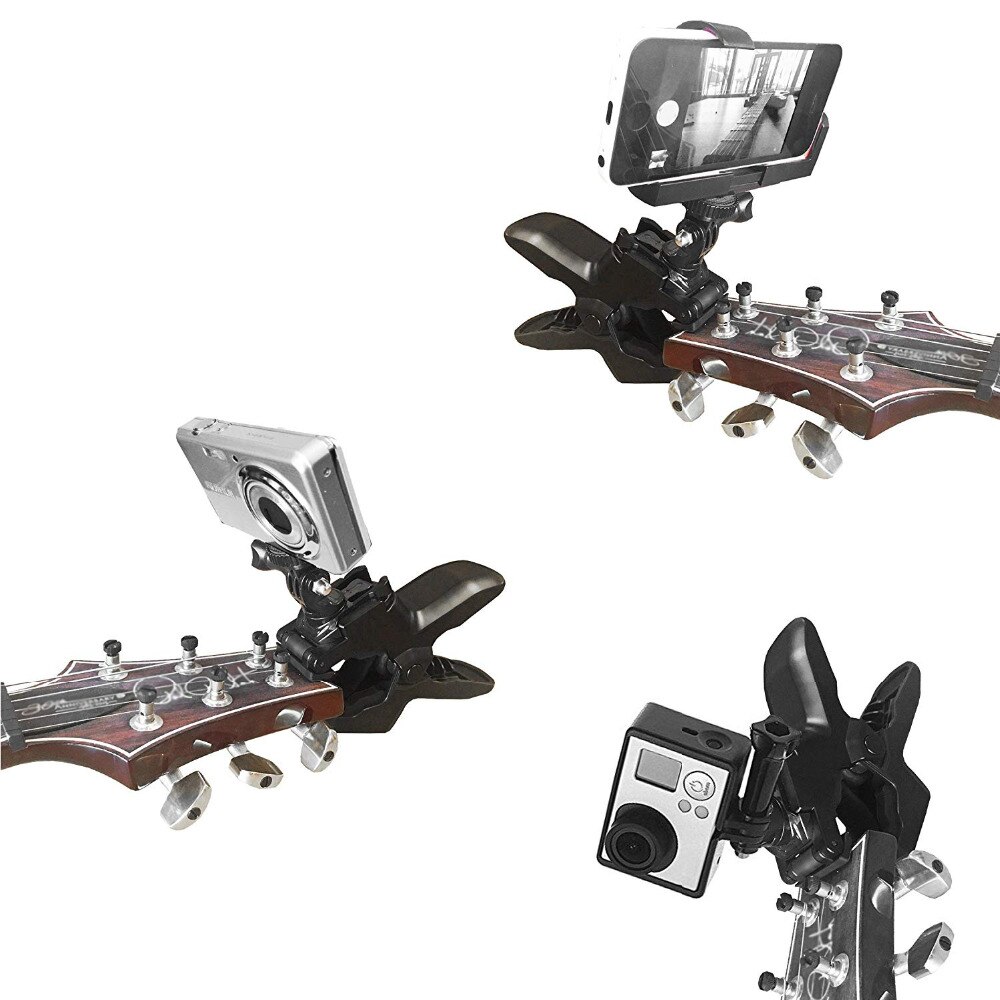 Guitar Headstock Cell Phone Clamp Clip Mount for Smartphones and Gopro Action Cameras - Close Up Home Recording