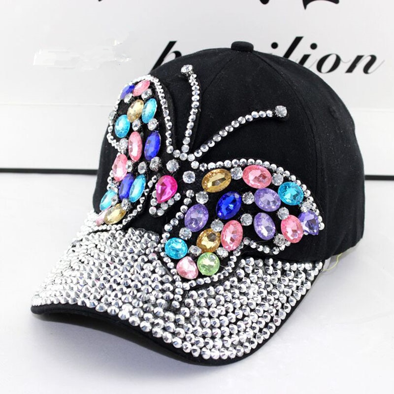 Fall Baseball Cap Women Full Crystal Colorful Big Butterfly Hat Denim Bling Rhinestone Snapback Caps Casquette Summer Hats