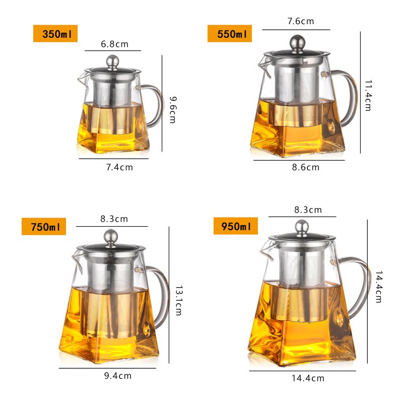 Tetera de café de vidrio resistente al calor, recipiente Infusor de acero inoxidable, calentador, tetera transparente, filtro cuadrado, cestas