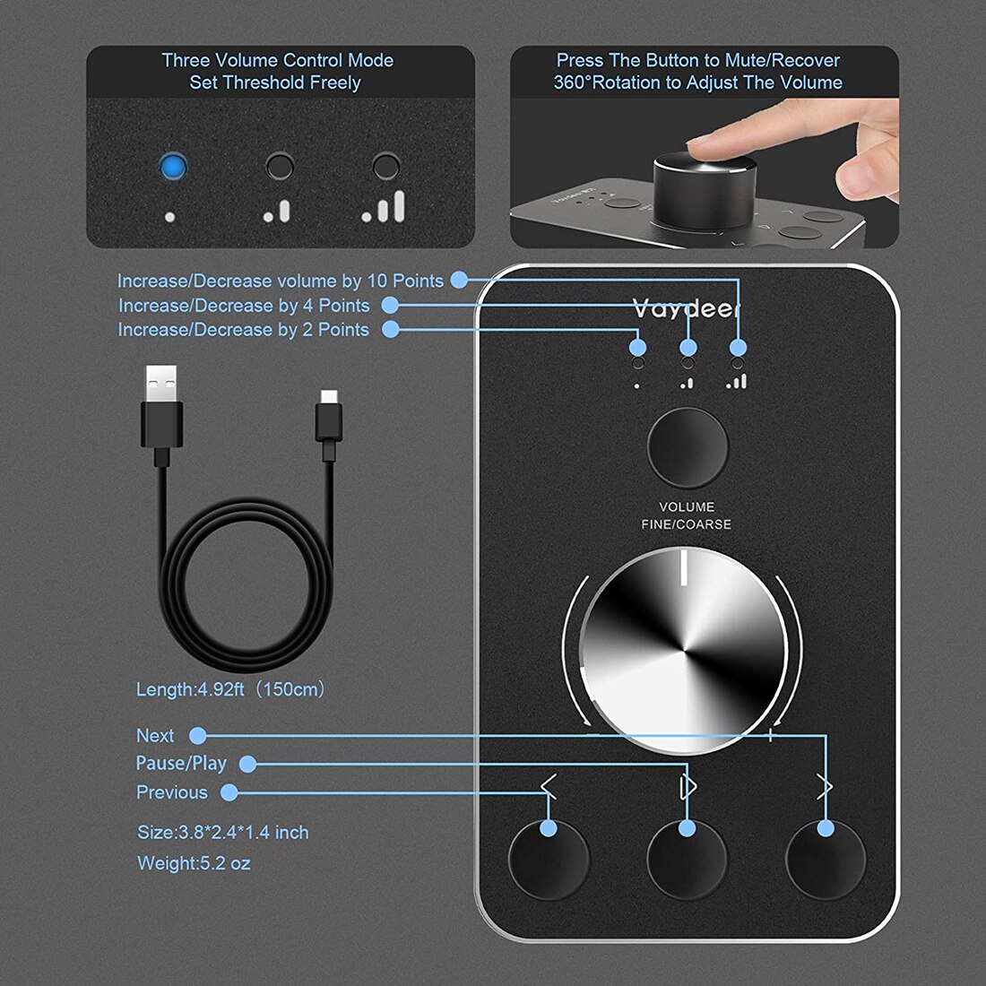 Multimedia Volume Controller PC Computer Speaker Sound Controller Knob With One-Click Mute Function And 3 Volume Control Modes