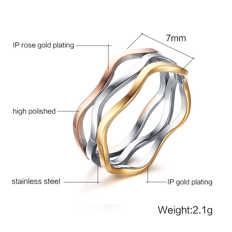 Aankomst Vrouwelijke Mode Drie Kleuren Ring Goud-Kleur Roestvrij Stalen Ring Voor Vrouwen Full Size