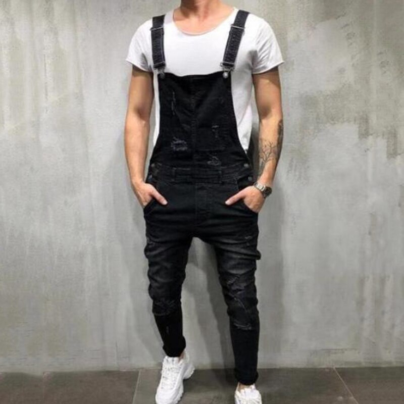 Męskie jeansy zgrywanie kombinezon w stylu zwykły kombinezony dżinsy potargane zgrywanie przycisk modne ubrania porwane jeansy dla człowieka