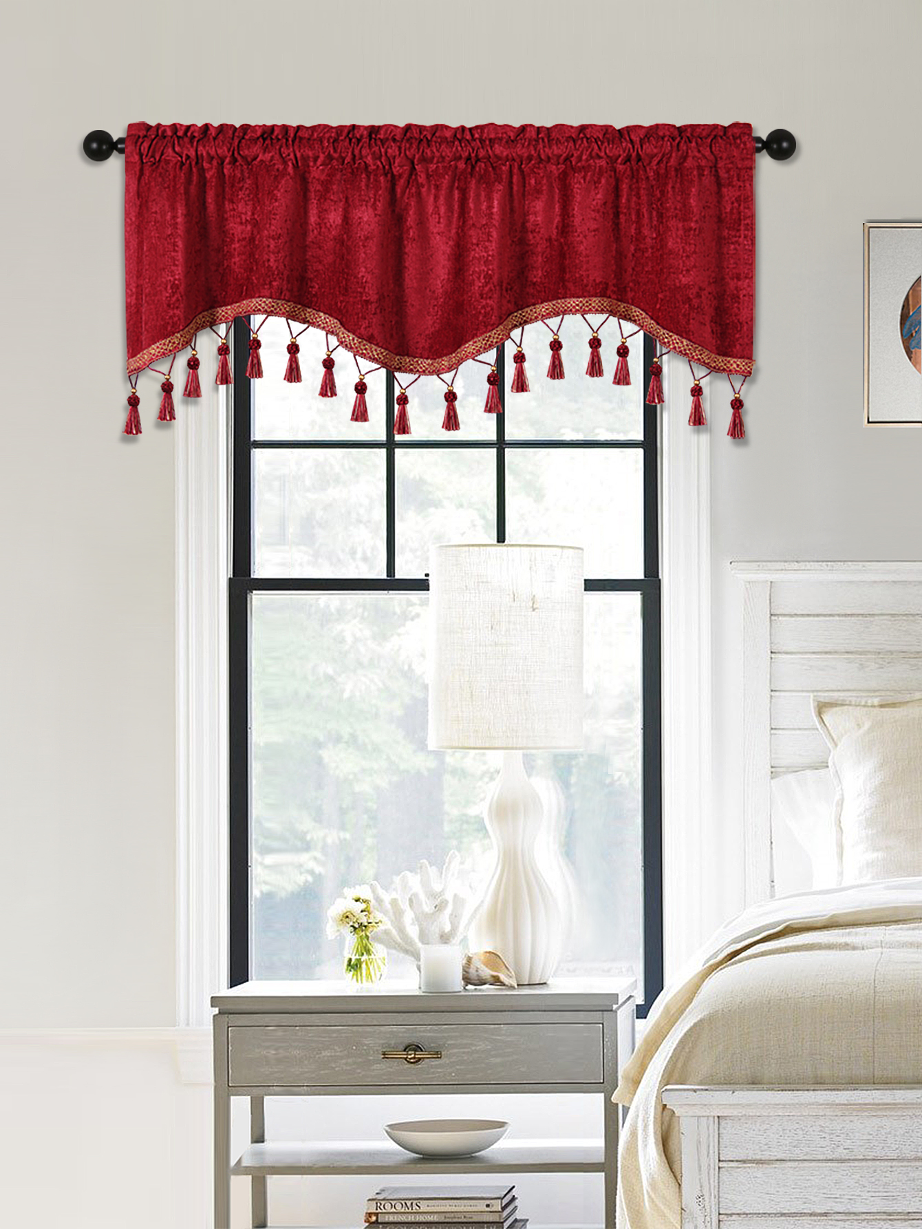 1Pc Eenvoudige Europese Stijl Gordijn Valance Voor Woonkamer, Staaf Zak, S-Vormige Valance Met Kwastjes Voor Raam Decor: Rood