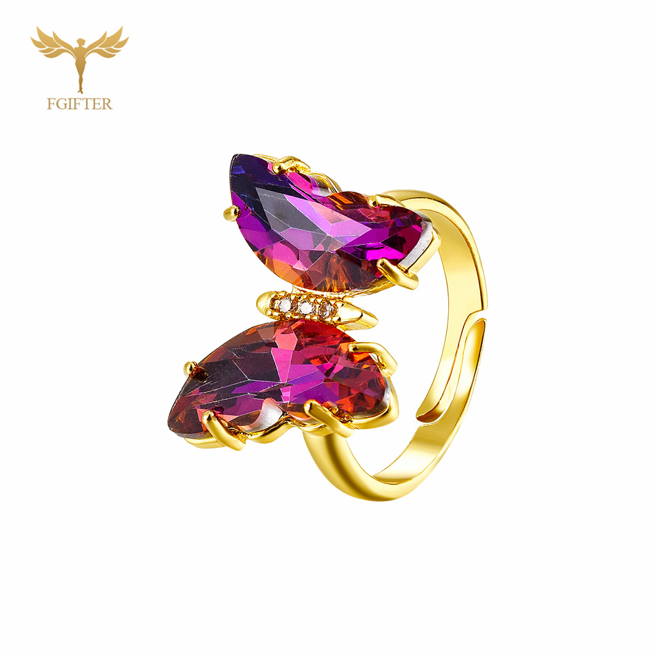 Anillos de mariposa de circón en 18 colores para mujeres y niñas, accesorios de joyería para dedo de mano de cobre de Color dorado de lujo, de tamaño ajustable: Violeta
