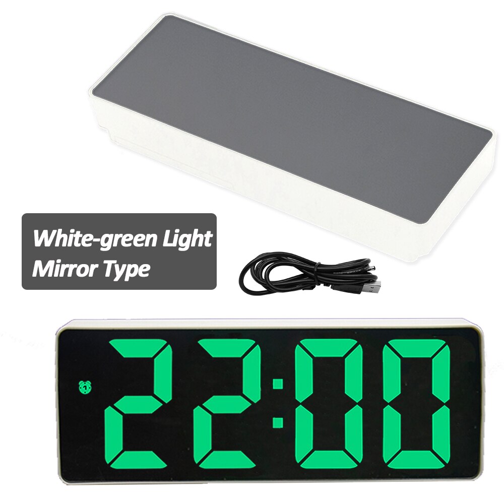 Digital Alarm Clock LED Screen Electronic Clock Large Number Display Clocks Digital Table Clocks With Voice Control Function: White-Green- Mirror