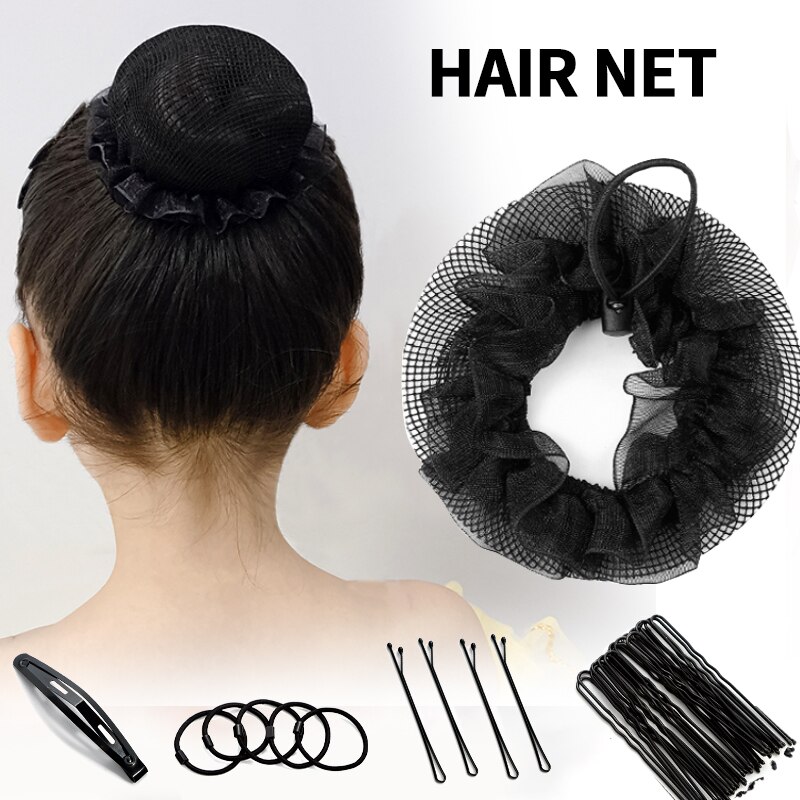Cuerda para el pelo para mujer, red elástica para el pelo, Kit de peluquería negro, malla pequeña Invisible para moño de pelo, Donut para enfermera, estilo de cabello