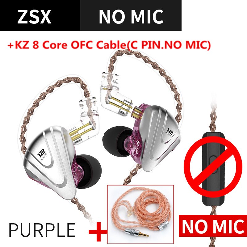 KZ ZSX 1DD+5BA 12 Unit Hybrid In-ear Earphones HIFI Metal Headset Music Sport KZ ZS10 PRO AS12 AS16 ZSN PRO C12 DM7 as06 v90: purple no mic(ofc
