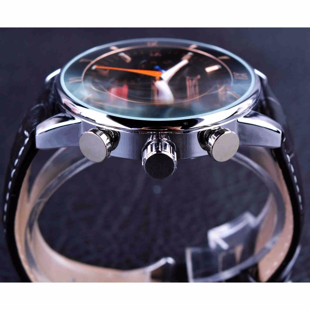 Jaragar Klassieke Automatische 6 Handen Kalender Lichtgevende Handen Zwart Lederen Band Heren Horloges Business Luxe Mechanische Mannelijke Klok