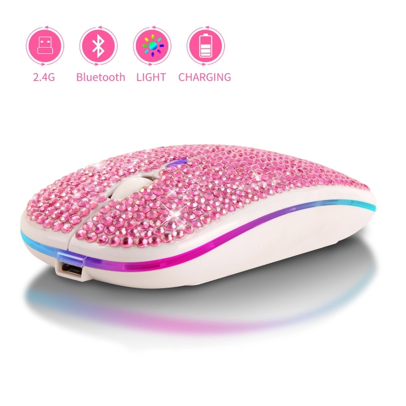 Rhinestone Crystal Wireless Dual Mode 2in1 Blue-tooth 5.0 + 2.4Ghz 1600DPI LED Mouse Optical for Notebook PC Laptop Computer