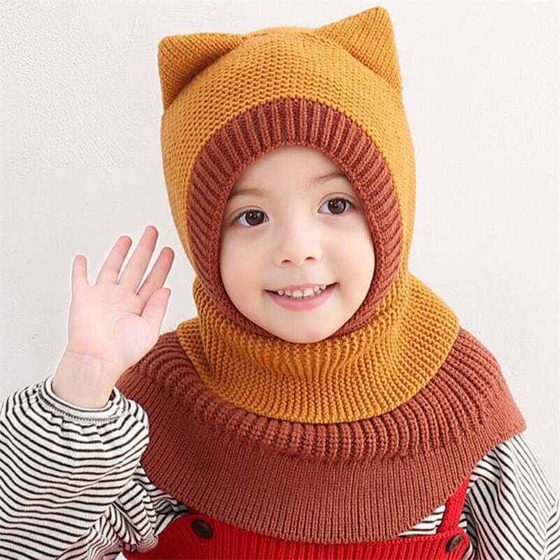 Knit Hooded Scarf Kids Hat And Scarf Child With Mask Winter Warm Protection Ear Cap Circulal Scarves Girls Boy Accessories