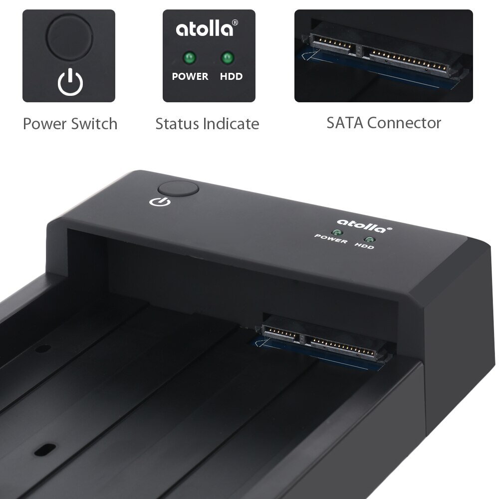atolla SATA to USB 3.0 HDD Enclosure External Hard Drive Docking Station for 2.5 3.5 inch HDD/SSD with 2 Data/Charging USB Port