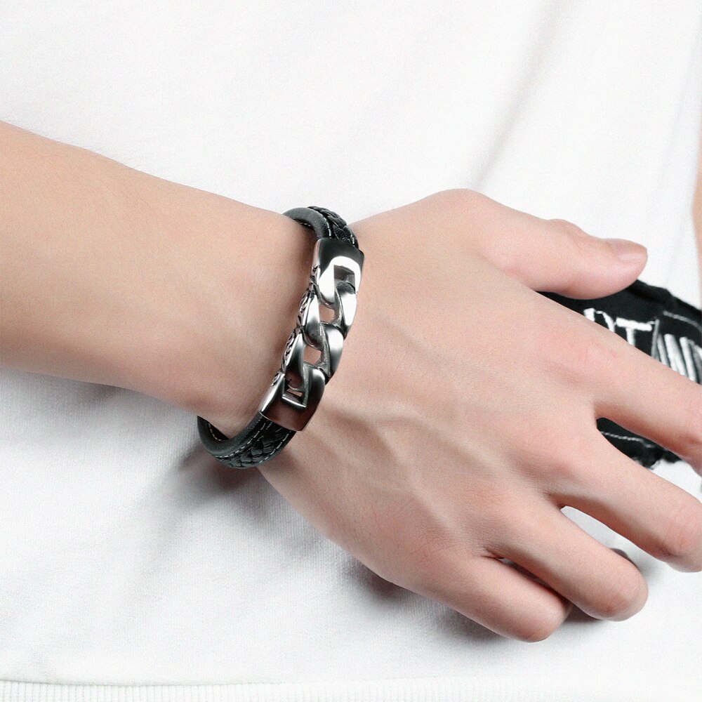 EyeYoYo 200mm titane acier Bracelet en cuir pour hommes pPunk vent Bracelet