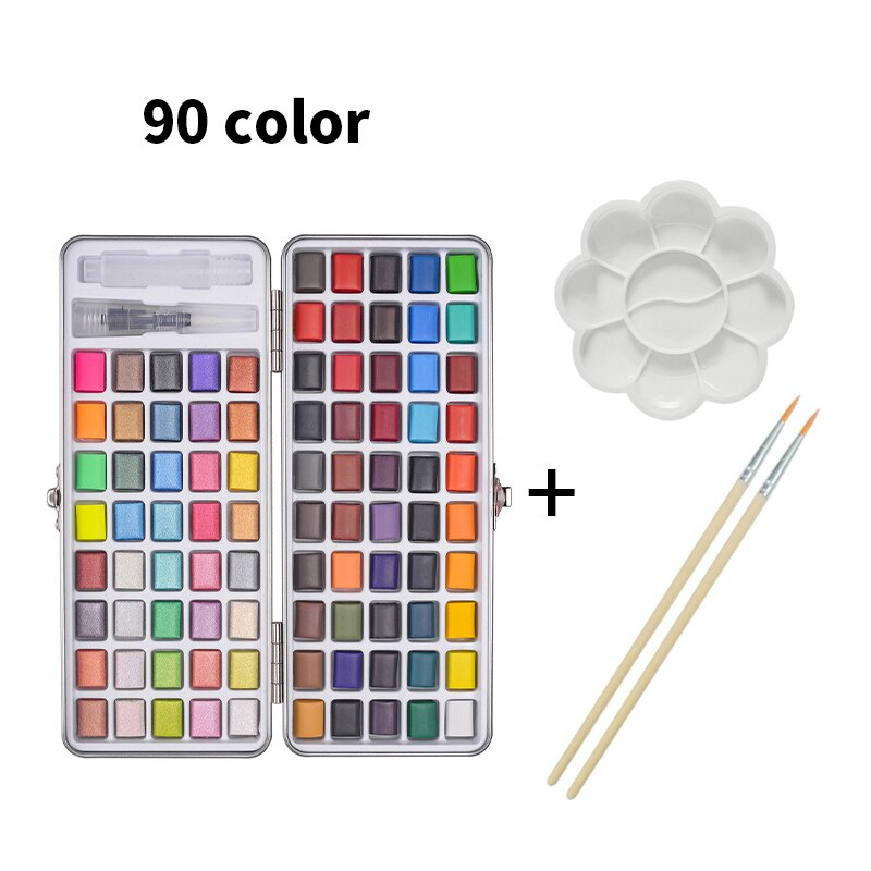 50/90 Colors Solid Watercolor Paint Set Contains Brushes in a Portable Metal Box for Beginner Drawing Painting Art Supplies: 90 color