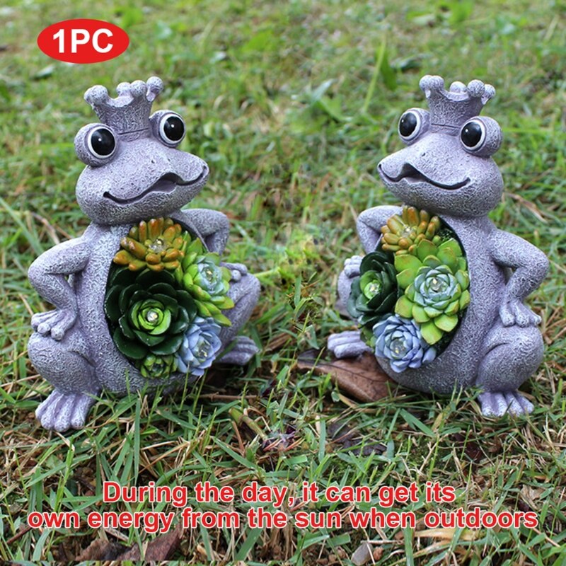 Solar Garden Statue Frog Ornament with Succulent 4 LED Lights Outdoor Lawn Decor