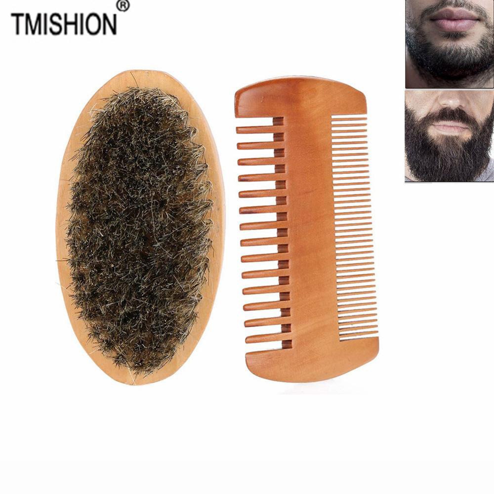 Træ overskæg oval mænd skæg barba børste og kam ansigts skæg barbering rengøring pleje barberbørste sæt skæg hår børste sæt