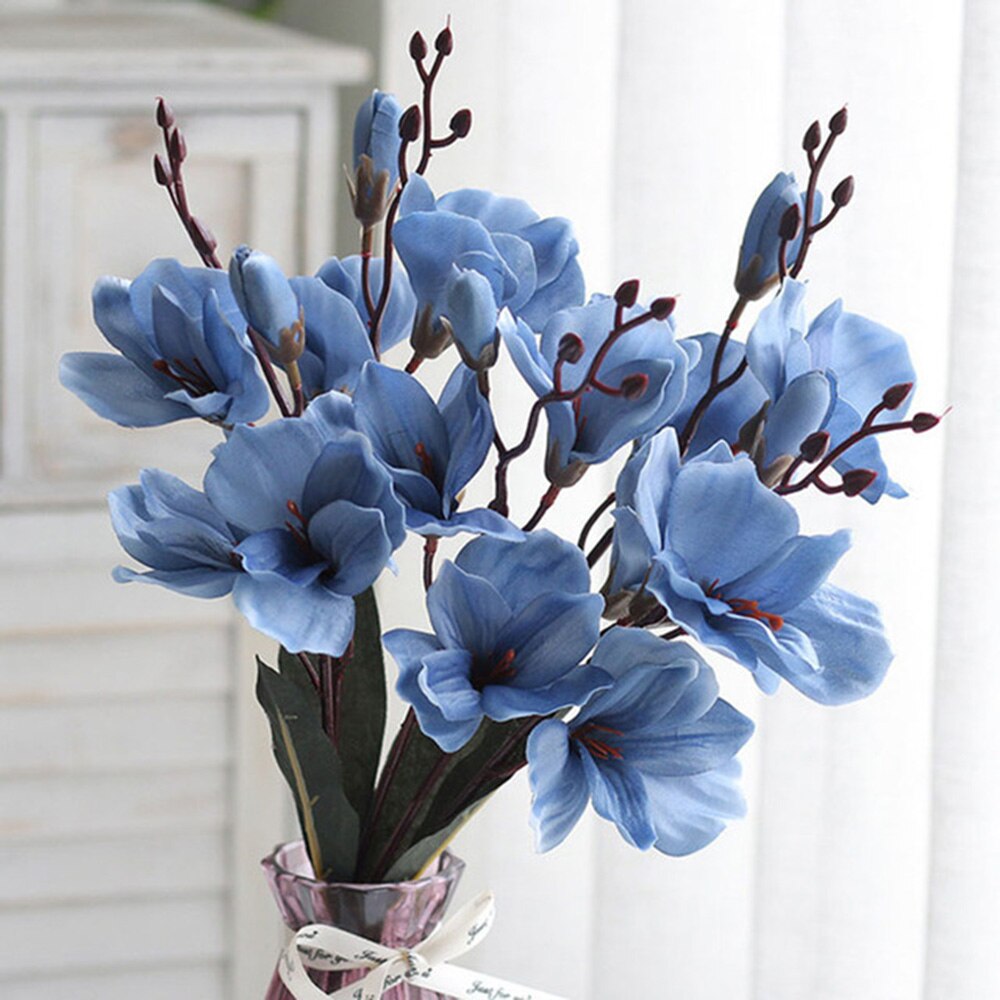 Ramo de flores artificiales de seda, plantas de simulación de Magnolia para decoración del hogar, sala de estar, propuesta de boda, 5 tenedores, 20 cabezas: Blue