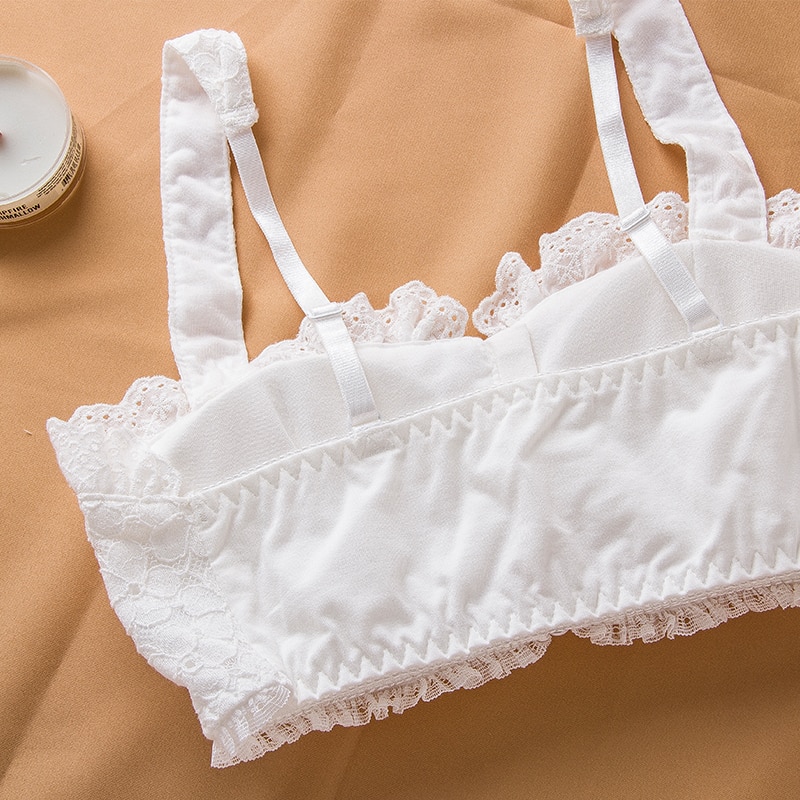 Wriufred Vintage lace bra sets fairy white button without rim lingerie set tube top embroidered underwear ruffled panties suit