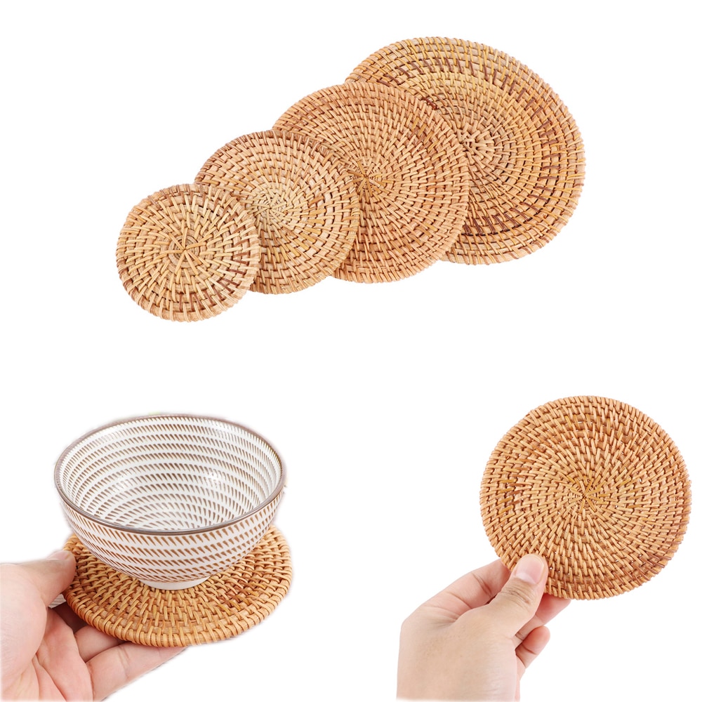 1Stck Runde Natürliche Rattan Untersetzer Schüssel Pad Handarbeit Gewebt Tischsets Tabelle Polsterung Tasse Matten Küche Dekoration Zubehör