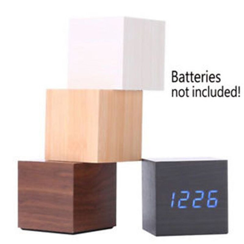 Houten Kubus Digitale LED Desk Alarm Thermometer Timer Kalender USB Klok B
