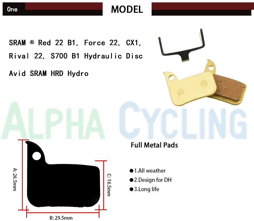 Bicycle Disc Brake Pads for SRAM Red 22 B1, Force 22, CX1, Rival 22, S700 B1 Hydraulic Disc Brake, 4 Pairs, Gold Full Metal