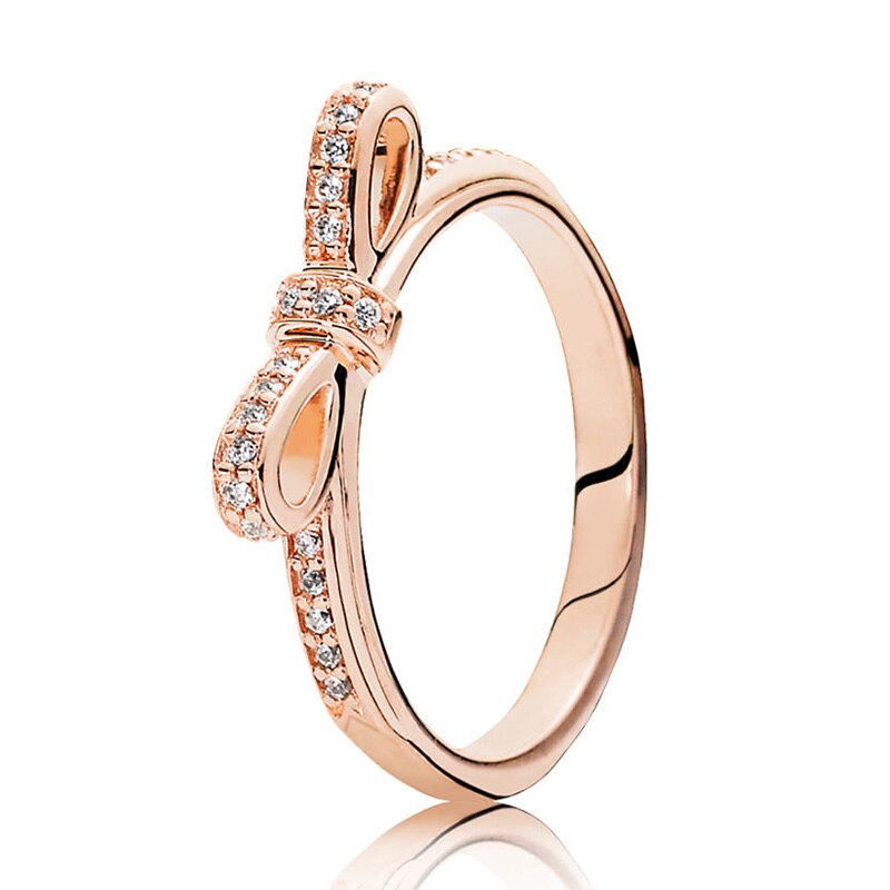 Rose Gold Color Ring Sparkling Bow Knot Stackable Fine Ring Micro Pave Clear CZ for Women Wife Couple Jewelry