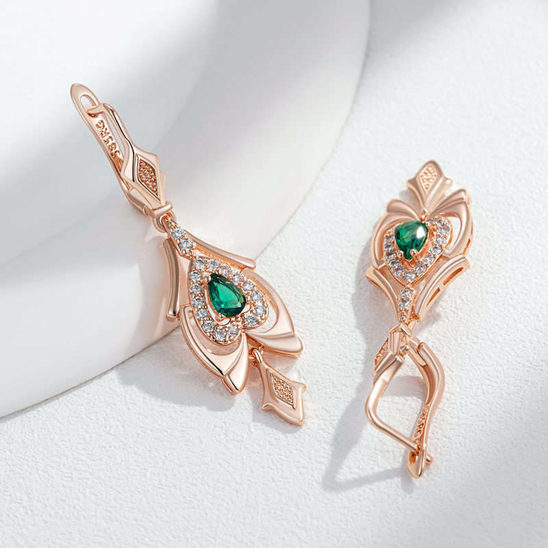 Kinel-pendientes de gota finos para mujer, Color oro rosa 585, flor de cristal, accesorios de circón Natural verde, joyería Vintage diaria