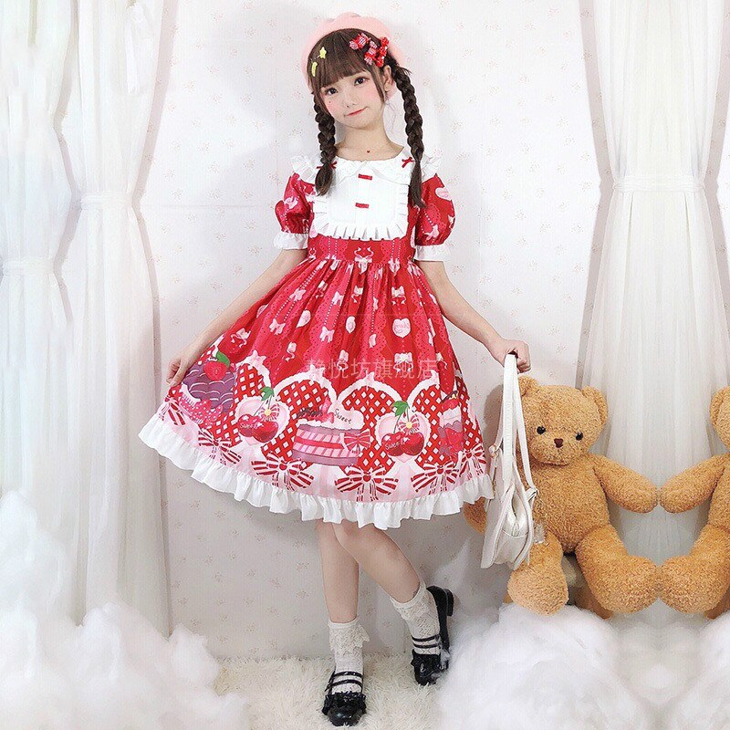 2 couleurs japonais lolita Swee fille lolita robe Kawaii fraise lolita robe été dessin animé cerise princesse robe thé fête