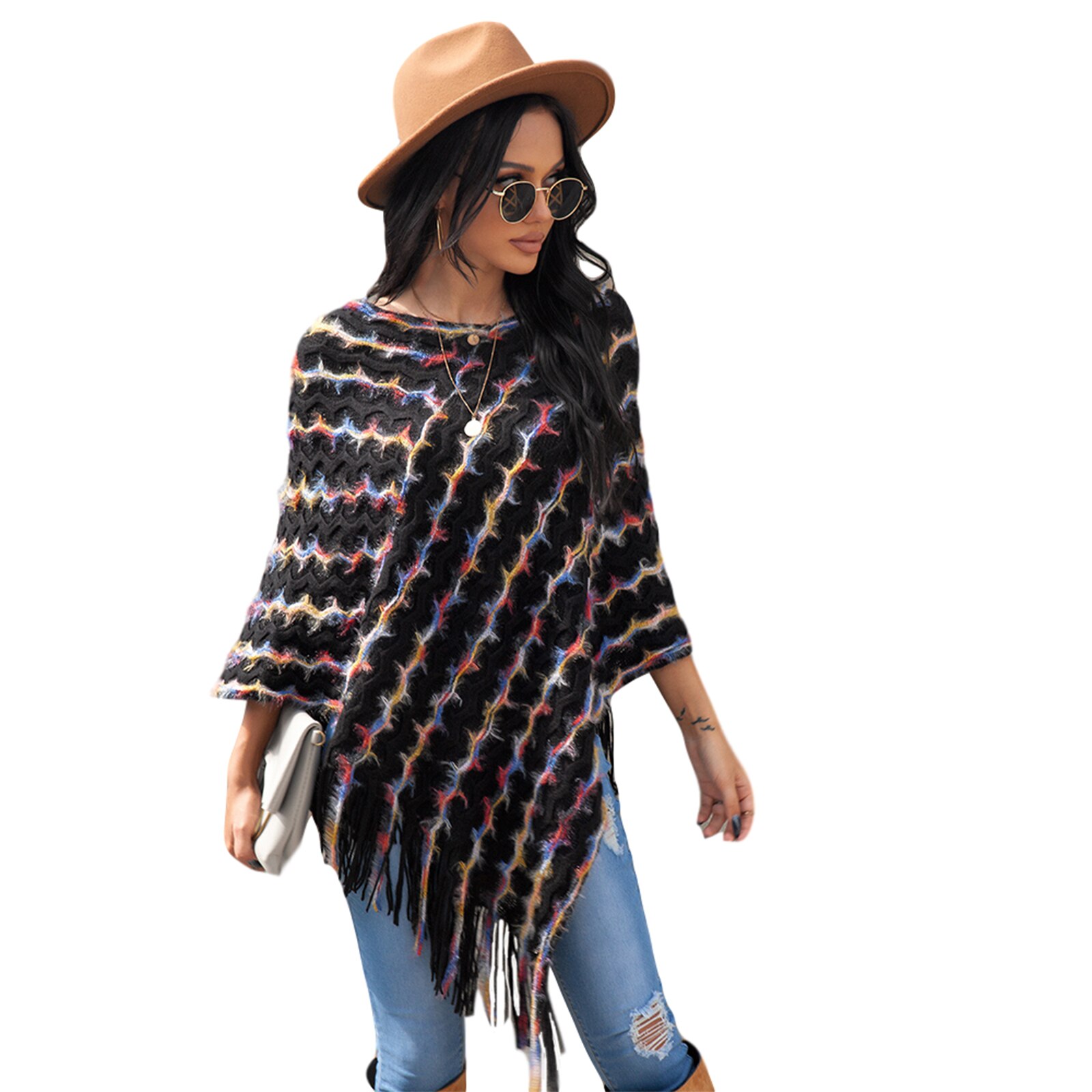 Women Colorful Striped Shawl Cloak Round Neck Wave Pattern Bat Sleeve Tassel Knitted Pullover Sweater for Streetwear: M