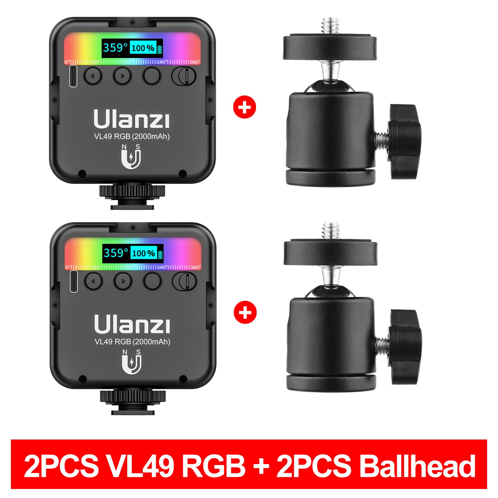 Ulanzi VL49 RGB Video Lichter Mini LED Kamera Licht 2000mAh Rechargable LED Tafel Lampe für Live Streming Foto Video beleuchtung: mit 2Stck Ballhead