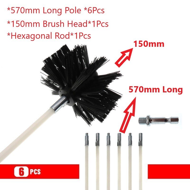 150mm Rotary Chimney Brush Long Handle Flexible Rod For Chimney, Dryer Pipe，Fireplace Inner Wall And Roof Cleaning Tools: 6Pcs 570mm Pole