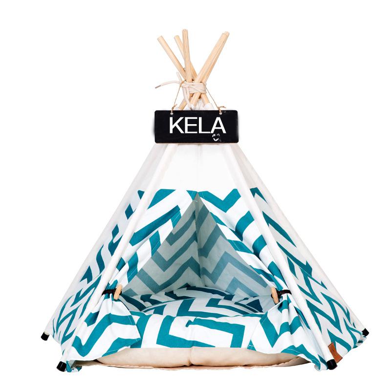 Udendørs indendørs kæledyr telt hus kat seng bærbar tipi med tyk pude og 6 farver tilgængelige passer hund kat hvalp udflugt: Grøn stribe / 50 x 50 x 60cm