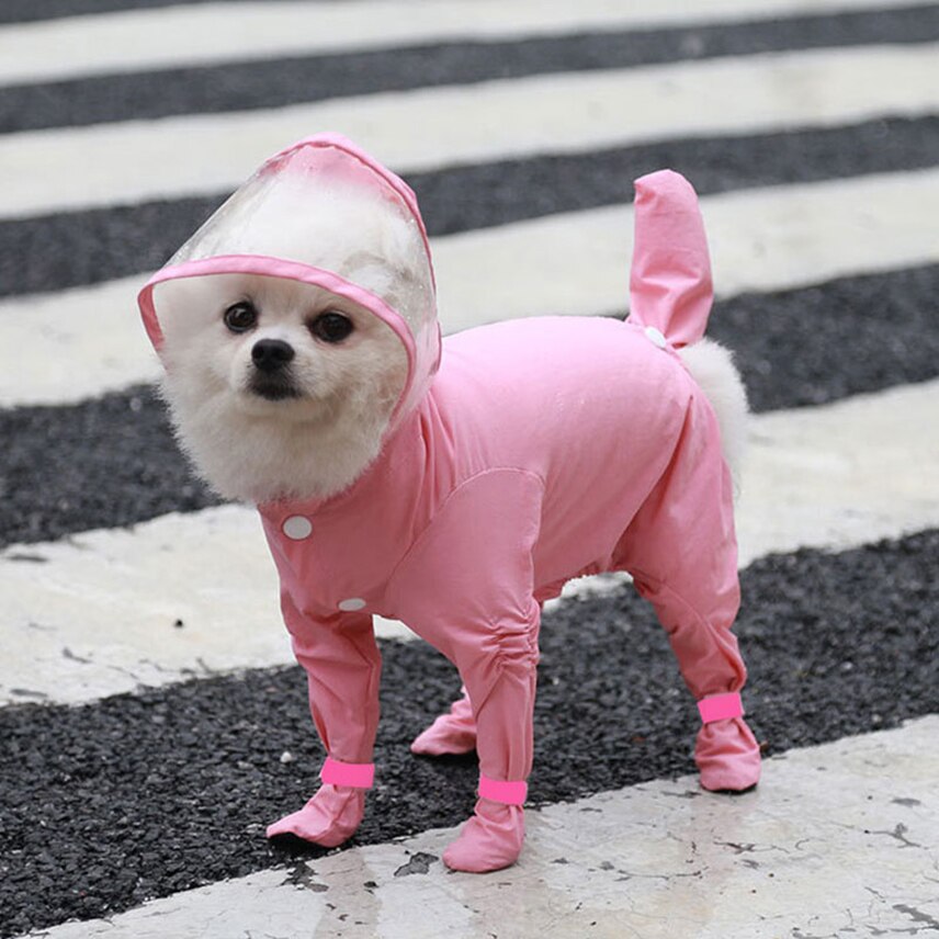 Chubasquero impermeable para perro, mono de cuatro patas, todo incluido, abrigo de lluvia con capucha para perros pequeños y medianos, ropa para perros, disfraz: Pink / M
