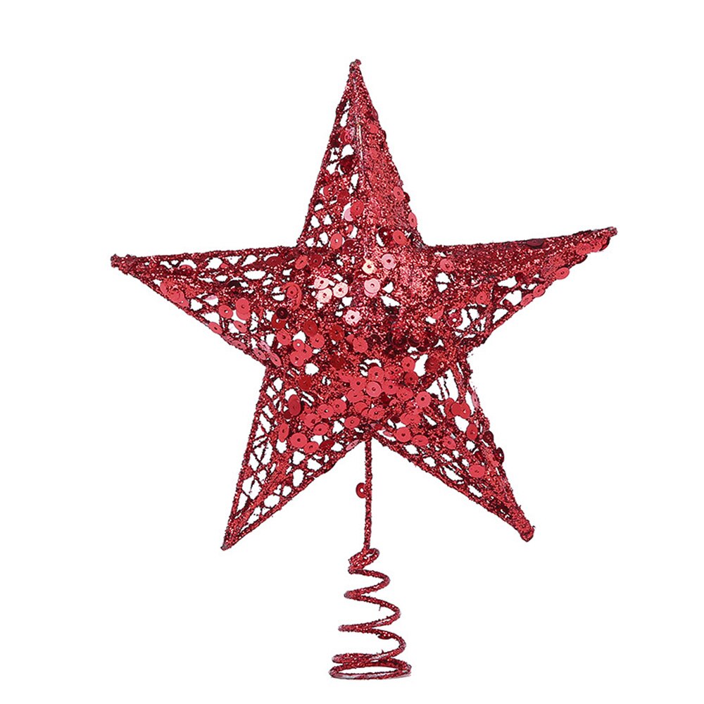 Sequin Star Xmas Tree Topper Metal Hollow Glitter Hanging Ornaments DIY Solid Color Shining Christmas Decor Photo Prop: red25CM