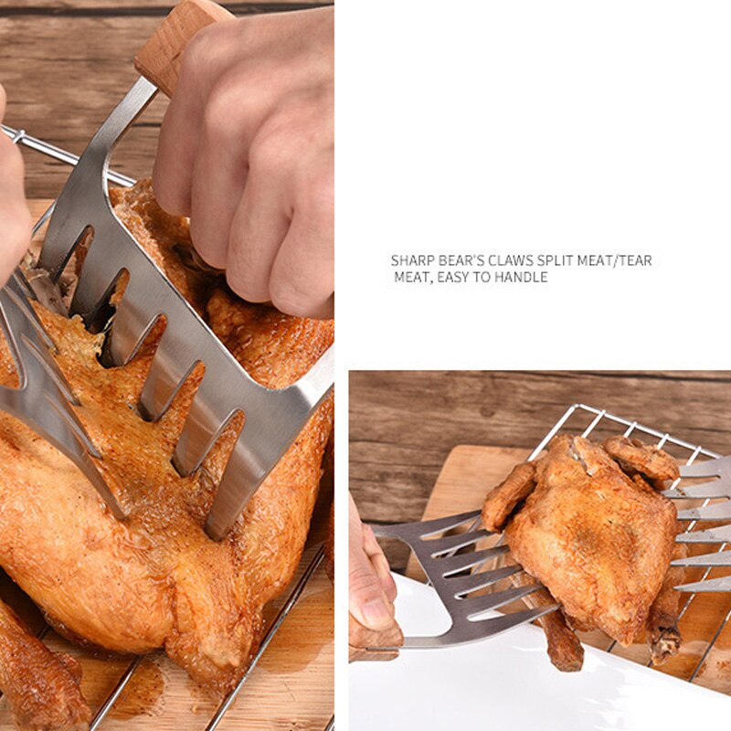 Wooden Handle Stainless Steel Bear Claw Tearing Chicken Meat Separator Six Teeth Picnic Meat Cutting Multifunction Tool