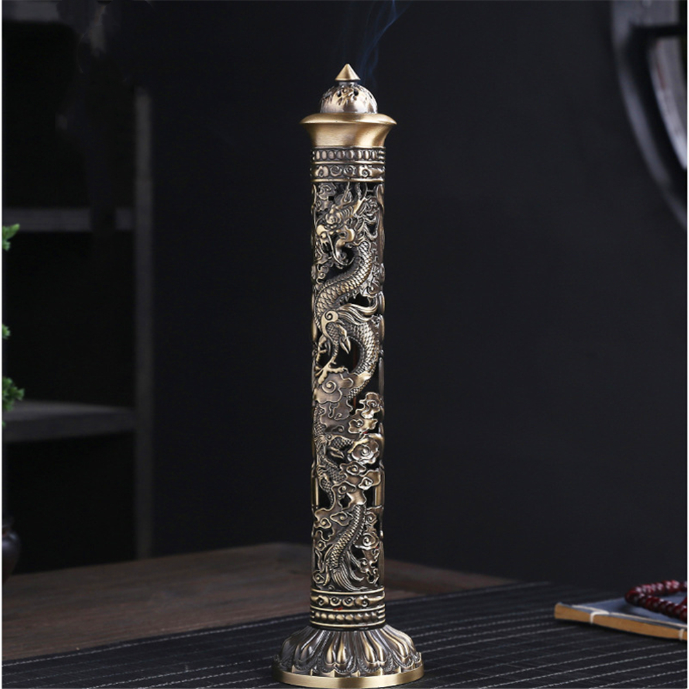Retro Vertical Incense Burner Buddha Heart Sutra Dragon Phoenix Pillar Metal Incense Stick Home Office Ceremony Decoration: WHITE