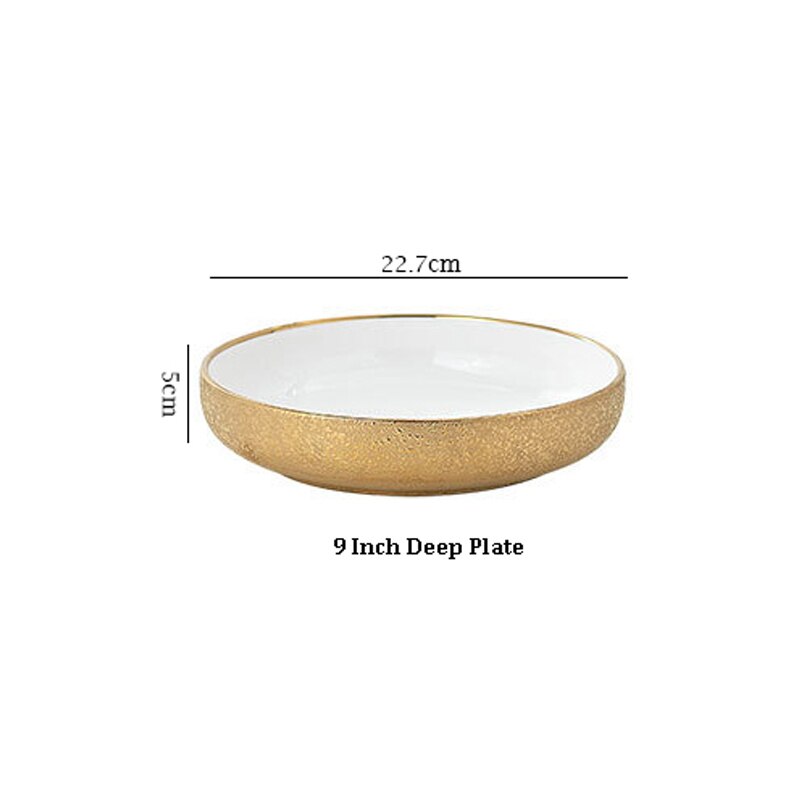 Ceramic Gold Dinner Plate Wedding Salver Porcelain Soup Rice Bowl Set Dessert Dinner Plate Cake Dessert Dish Tableware: 9 Inch Deep Plate