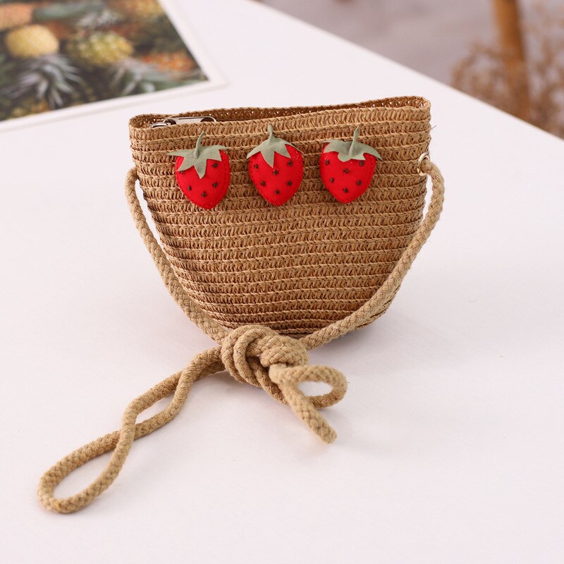 bonnet bebe fille Ensemble chapeau et sac en paille ondulé à la fraise pour fille, 2 pièces, accessoires de protection solaire pour enfants de 3 à 8 ans, printemps et été: Bag-Khaki
