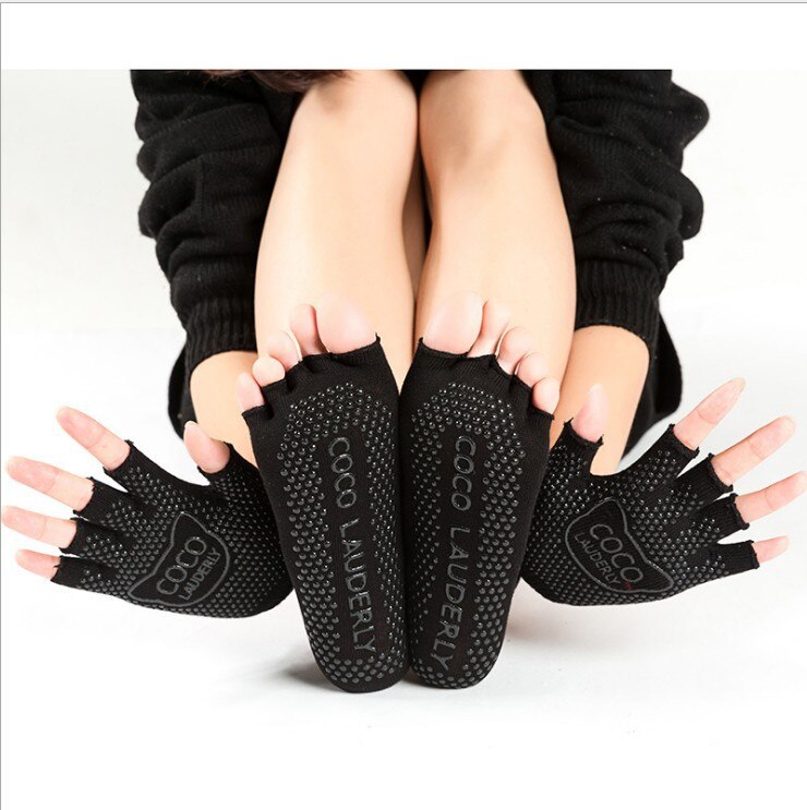 Summer Thin Five Toe Sock Slippers Women Lady Invisibility Socks Yuga Black Five Finger Socks Sport Girl With Gloves: five toe black