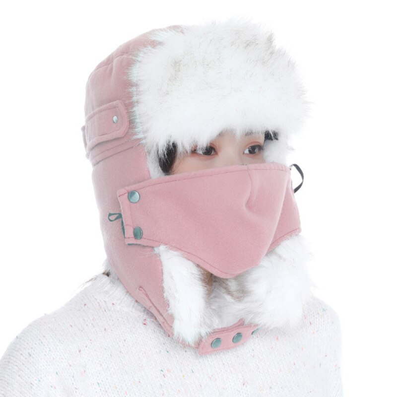 HT2876-Sombrero ruso grueso y cálido para mujer, gorro de invierno con solapa de oreja, gorra de esquí de nieve, máscara femenina Ushanka, sombrero de piel, sombrero de Bombardero: Rosa