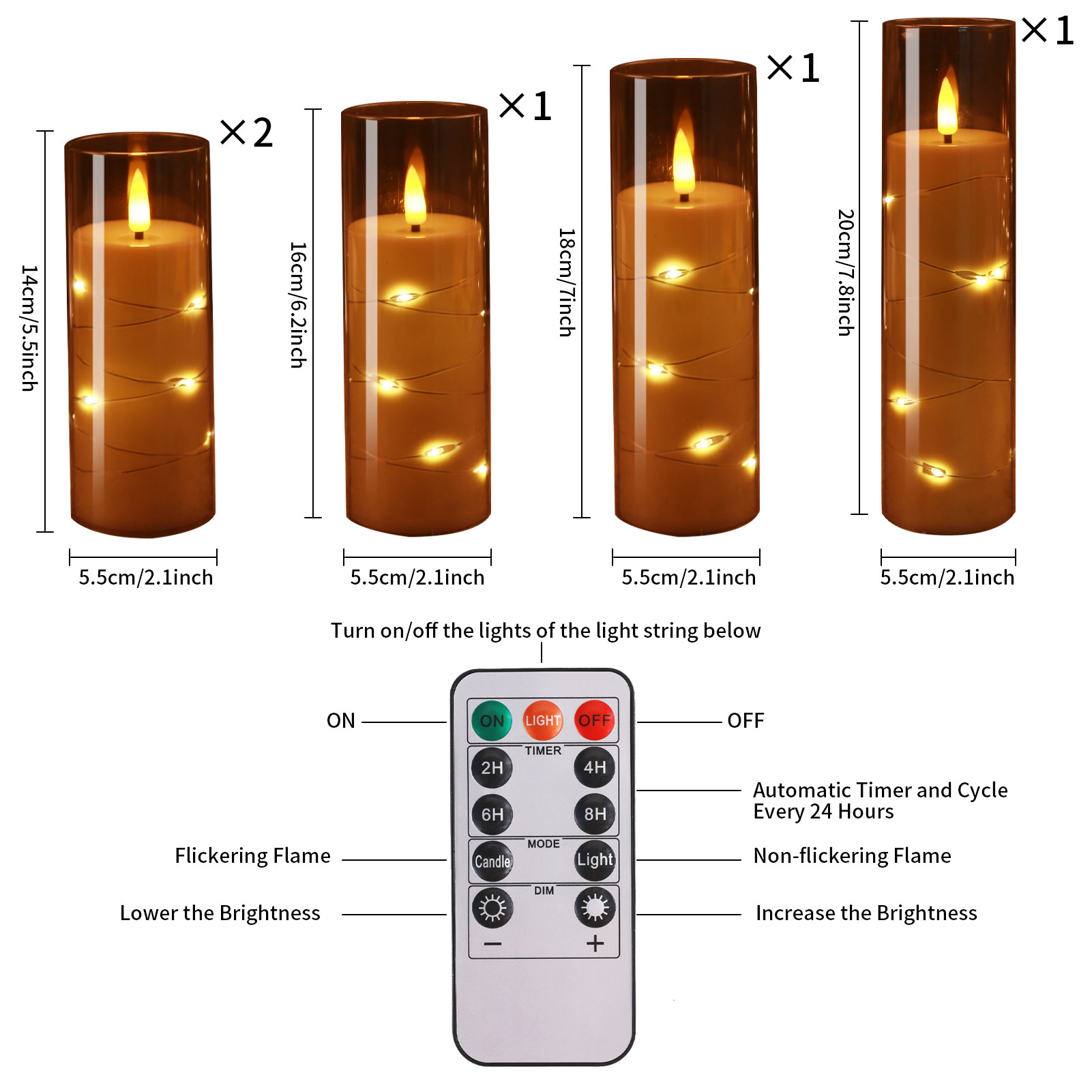 Ensemble de 5 bougies LED sans flamme avec guirlande lumineuse étoile intégrée, bougies pilier à piles avec minuterie à distance pour la décoration de la maison