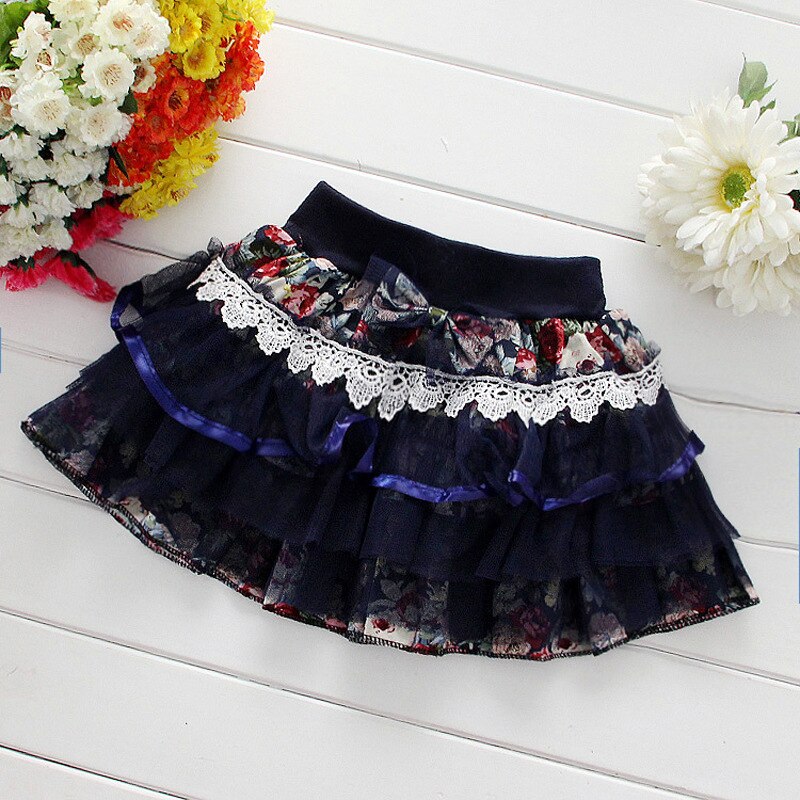 Girls' Printed Mesh Stitching Skirt Summer Style Bow Stretch Pleated Sweet And Cute Princess Children's Floral Skirts WT635: Navy Blue / 110 size