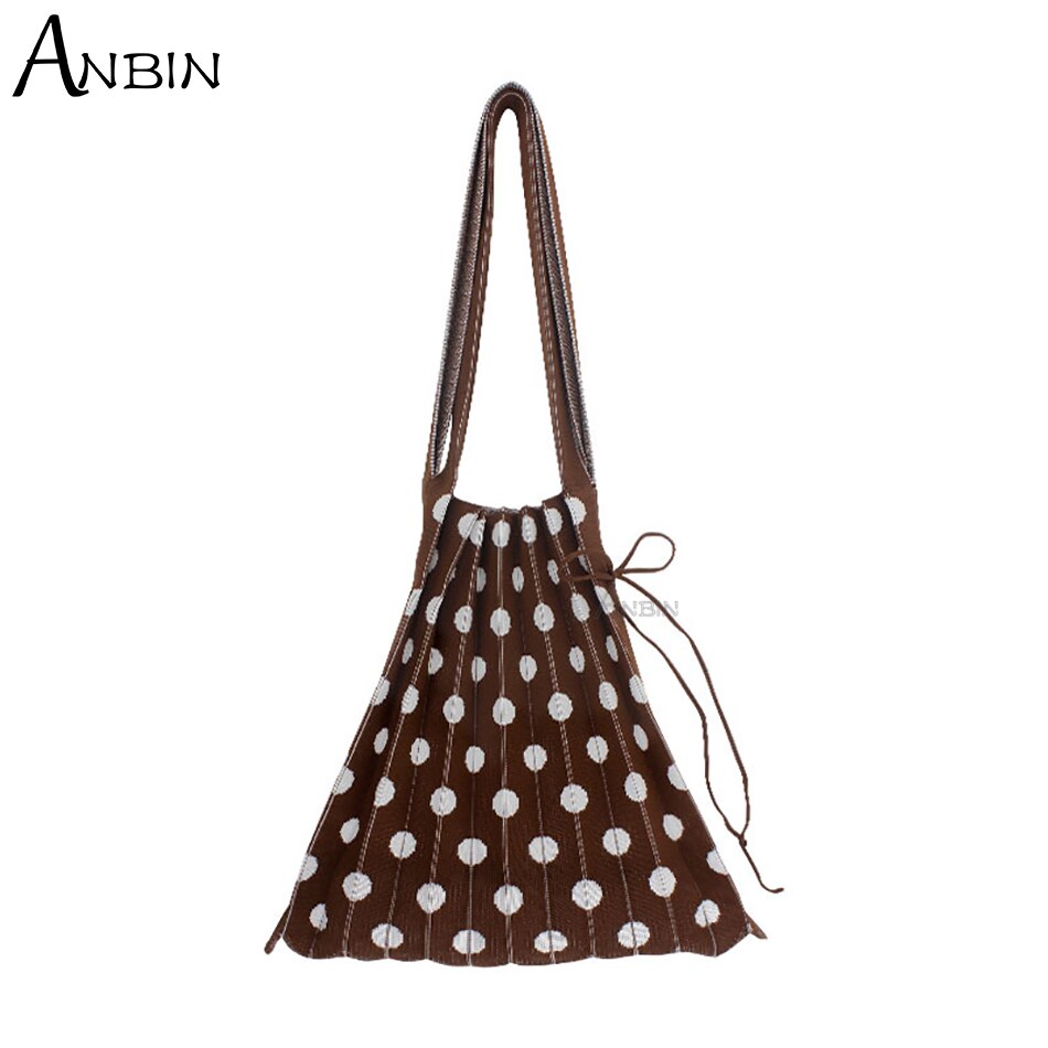 Vrouwen Polka Dot Geplooide Zak Gevouwen Contrast Kleur Wollen Gebreide Vrouwelijke Mode Schouder Handtas Orgel Grote Capaciteit Shopping Tote: 1