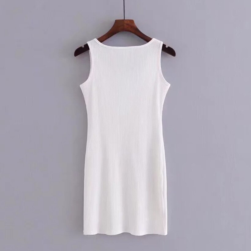 Ellacey Spring Summer Knitted Dress Female O-neck Button Brief Mini Dress Sleeveless Tank Sheath Bandage Dress