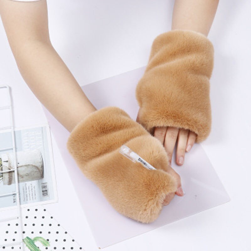 Winter touchscreen handschoenen vrouwelijke faux fur konijnenbont half vinger luipaard handschoenen vrouwelijke dikke leuke pluche schrijven warme handschoenen e91: Turmeric