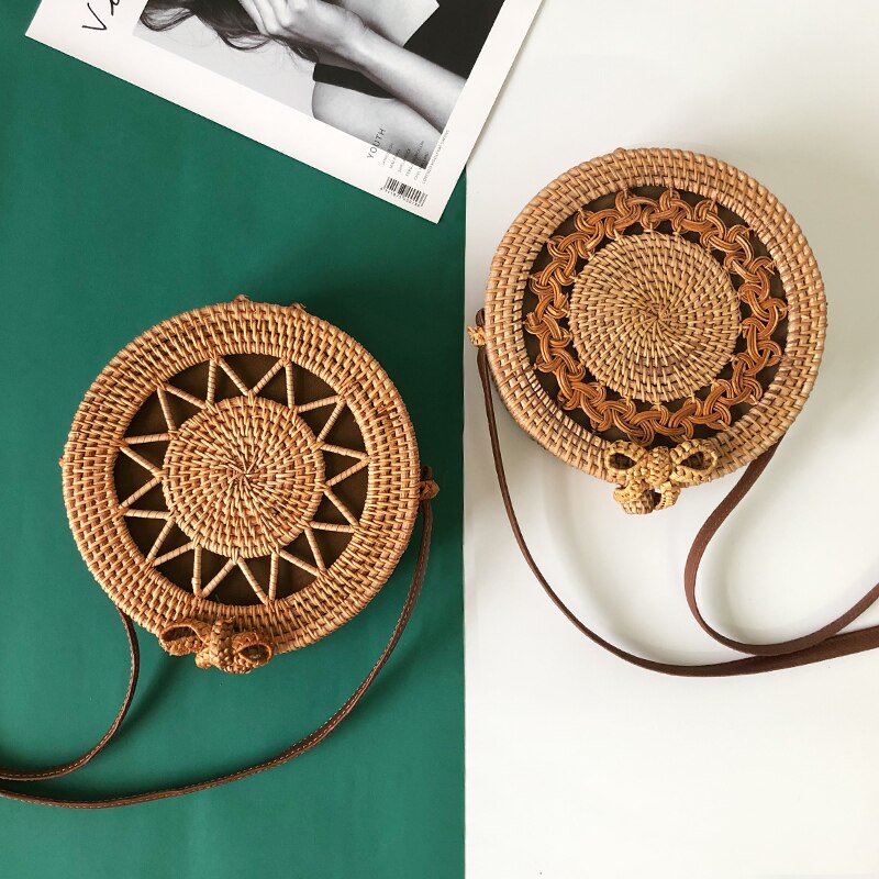 Stroh Strand Tasche Handarbeit Gewebt Runde Rattan Tasche Mit flechten aufbringen Frauen Sommer Bali Böhmen Schulter Tasche Handtaschen