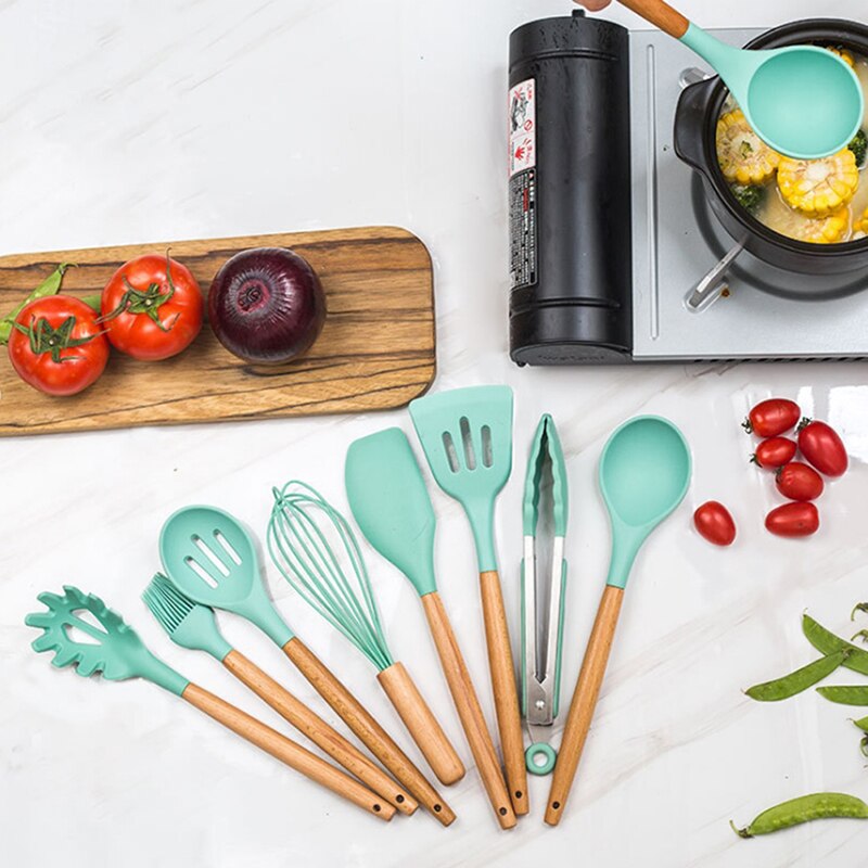 1Pc Houten Handvat Siliconen Keukengerei Kookgerei Spatel Borstel Pasta Vergiet