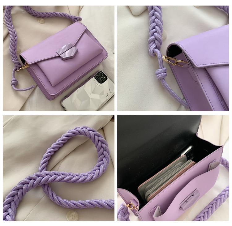 Women's Small Crossbody Bags, Solid Color Leather Shoulder Bag with Braided Strap